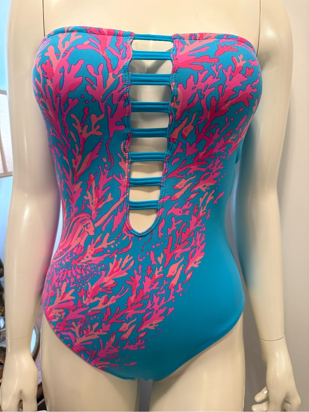 Lilly Pulitzer Turquoise & Pink Strapless One-Piece Swimsuit with Ladder Front